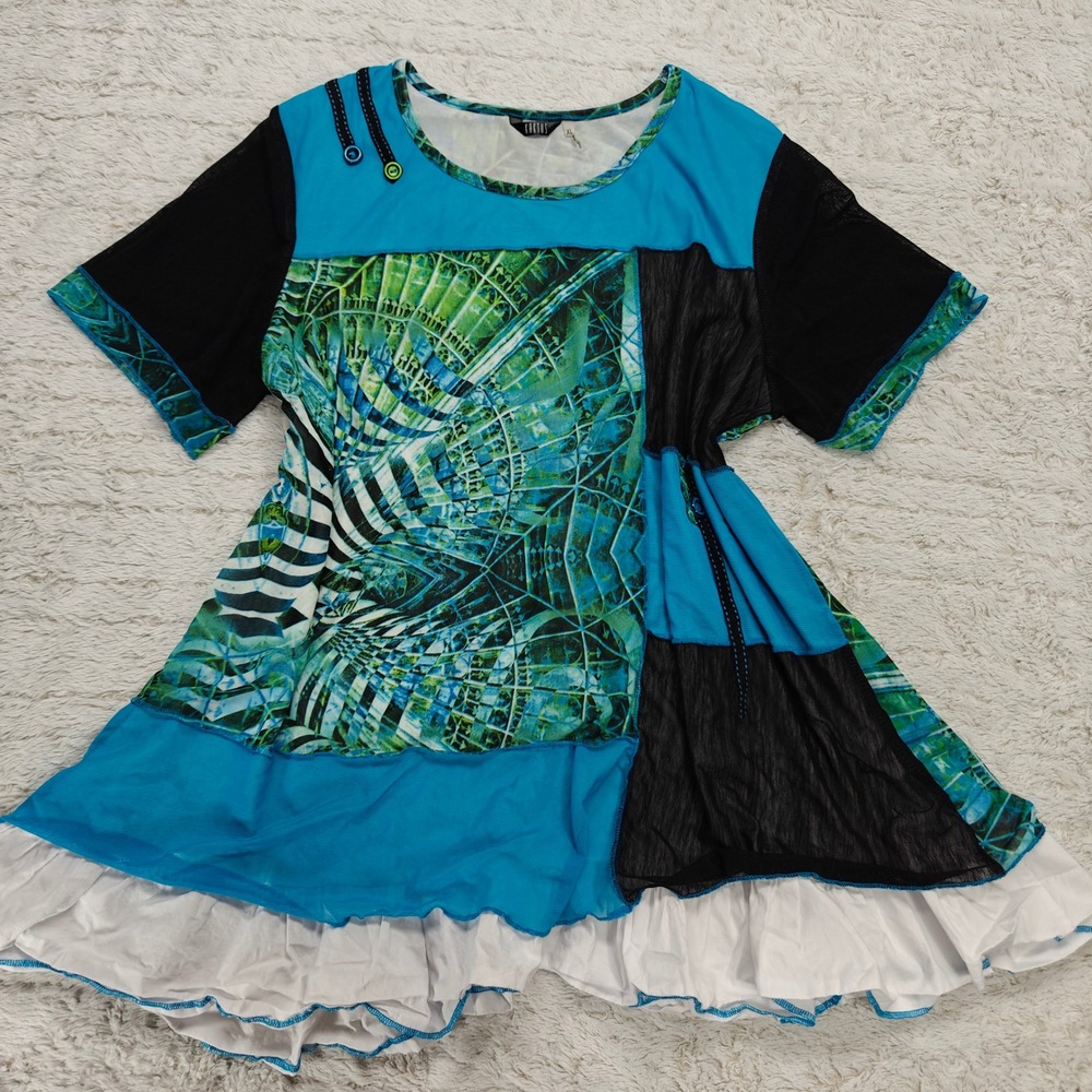 Kactus Tunic Top‎ Womens XL Psychedelic Patchwork Ruffle Wearable Art Eclectic